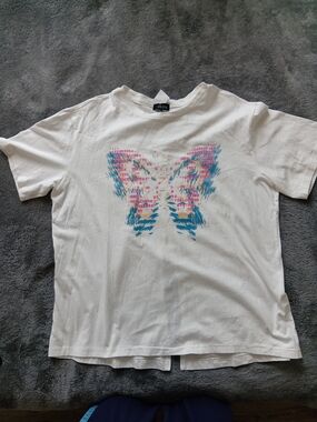 White Butterfly Graphic Tee - Pink & Blue Print
